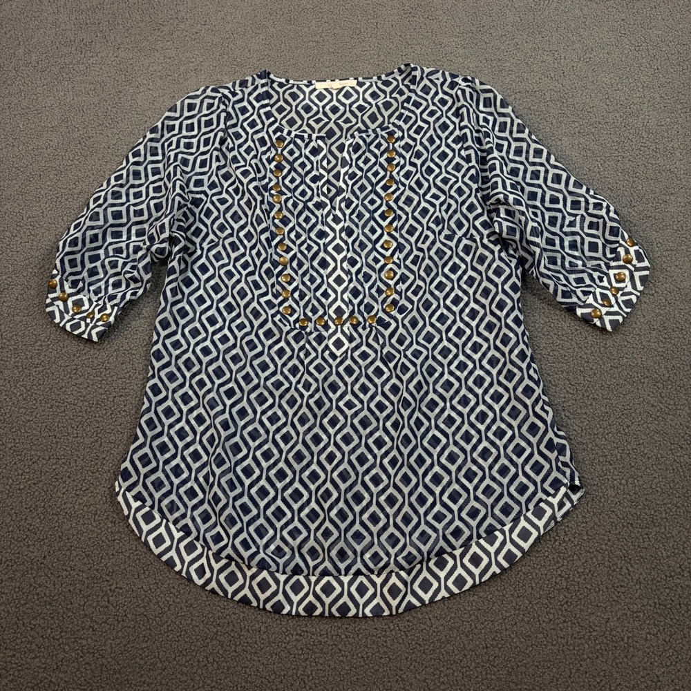41 Hawthorn Blouse Womens Medium Navy Blue Geometric Studded Tab Sleeve Tunic